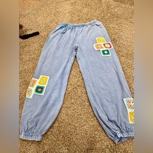 J. Her Light Blue Granny Square Crochet Knit Fabric Jogger Pants